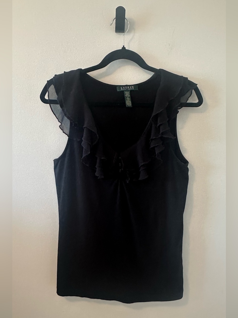 Ralph Lauren Black Sleeveless Ruffled V-Neck Top Sz M